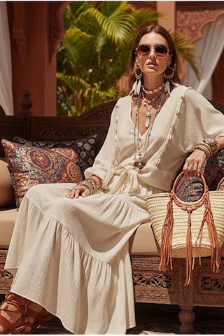 Fashion Cocktail Midye İstiridye Deniz Kabuğu V-yaka Bağlamalı Crop Dizaltı Lastikli Etek Bluz Sahil 2li Bohem Takım Açık Bej