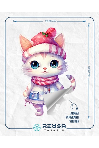 Pofuduk Şapkalı Kış Kedisi Duvar Stickerı Renkli