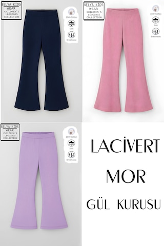 Belyakidswear 3 Lü Paket Pamuğa Pamuk Kız Çocuk Fitilli Tayt Lacivert,mor,gül Kurusu