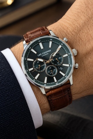 Lee Cooper Kahverengi Deri Kayış Yeşil Kadran 40 Mm Yuvarlak Erkek Kol Saati, Bileklik Hediyeli Gümüş