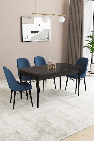Familieconcept Almira Serisi, Siyah Mermer Desen 80x132 Açılabilir Mdf Mutfak Masası Takımı 4 Adet Sandalye Lacivert