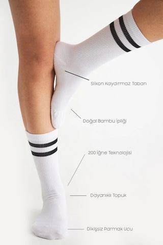 Bambu Kadın Beyaz Kaydırmaz Taban Silikon Baskı Yoga Fitness Pilates Bale Dans Tenis Çorabı Çok Renkli