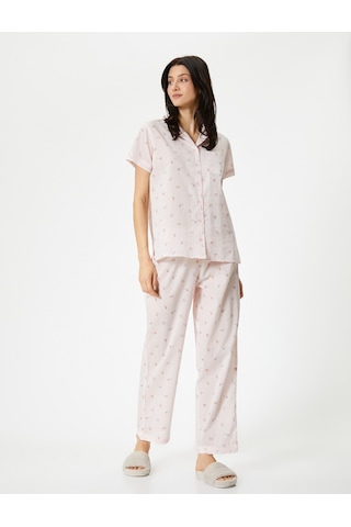 Koton Düğmeli Pijama Üstü Çiçekli Kısa Kollu Cepli Pembe Desenli 4slk50032mw Pembe Desenli Pembe