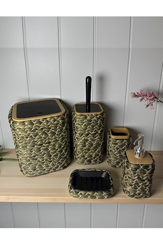 Doğal Dokulu Hasır Görünümlü 6 Parça Banyo Takımı Zarif Ve Modern Yeşil