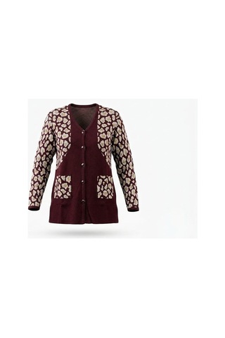 Onno Style Women Simli Leopar Desen Klasik Düğmeli Ceket Bordo
