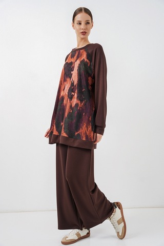 Bigdart Kadın Desenli Oversize Tunik Pantolon İkili Takım 55462 - Kahverengi