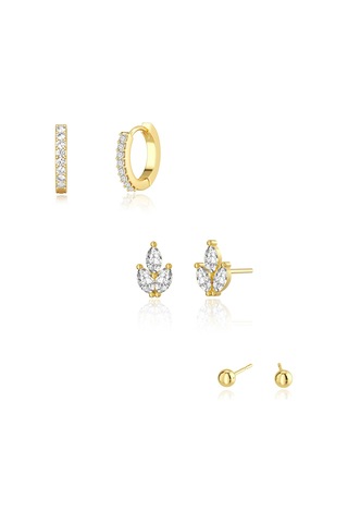 Kangvka Kadınlar İçin 14k Altın Kaplama Zirkon Taşlı Çok Stilde Küpe Ve Tırnak Küpe Seti - 3 Çift Paket Gold