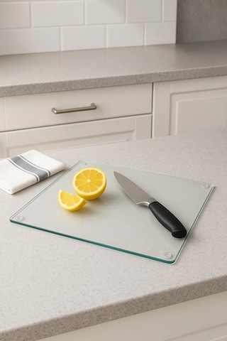 Cam Kesme Tahtası, Büyük Boy Kesme Tahtası, Kenarları Oval Sunumluk, Antibakteriyel 25x35 Cm Şeffaf