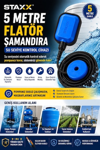 Staxx Stxflt5 5 Metre Flatör Şamandıra Su Seviye Kontrol Cihazı Dalgıç Pompa Ve Hidrofor Uyum Şalter