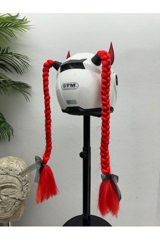 Motor & Motosiklet Kırmızı Simli Çift Örgü Saç Ve Simli Şeytan Boynuzlu Set Kask Dış Aksesuarı Diğer
