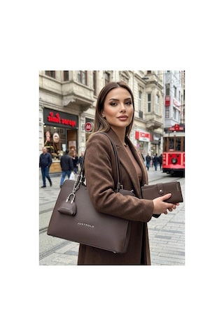 Just Polo Lüks Tasarım Model Büyük Boy Premium Gümüş Logolu El Çantası Ve Cüzdanı Kombin Tote Bag Shopper 22 X 34 Cm Kahverengi Kombin
