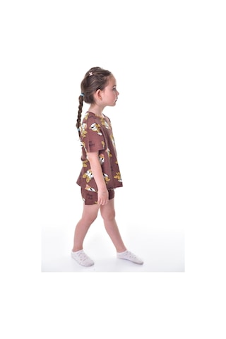 %100 Pamuk Interlok Kumaş Kısa Kollu Şortlu Kız Çocuk Pijama Takımı 3,4,5,6,7,8 Yaş Kahverengi