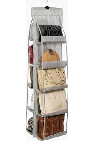 Ayrex Orret Home 10 Bölmeli Askılı Çanta Organizeri 37x125 Cm Gri Renk, Dolap İçi Asılabilir Çanta Düzenley Altın