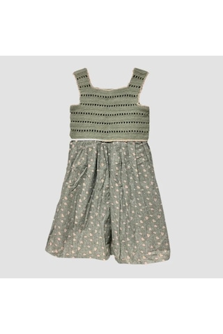 Uretti - Filiz 9248 - Kız Çocuk Örme Kafesli Robalı Bulut Desenli Elbise 3 Yaş - Mint Yeşili Yeşil