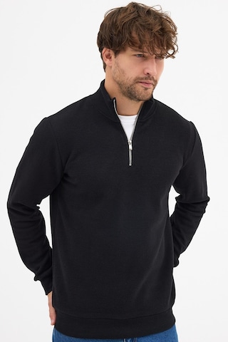 Mmetalic Erkek Siyah Standart Fit Normal Kesim Pamuklu Yarım Fermuarlı Dik Yaka Pamuklu Sweatshirt Siyah