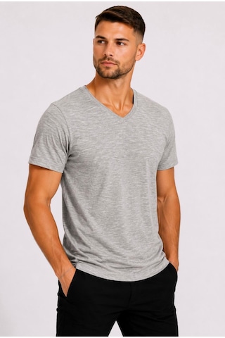 Axxel Erkek Toprak Melanj Pamuklu V Yaka Kısa Kollu T-shirt-d804