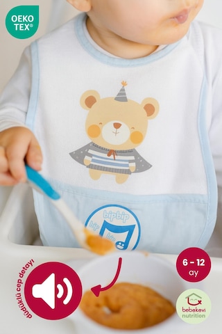 Düdüklü Cepli Sıvama Mama Önlüğü - Pelerinli Ayı Bebek Önlüğü Açık Mavi