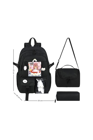 Waddell Kore Kawaii Tarzı Okul Sırt Çantası Termal Beslenme Çantası Ve Kalemlik Siyah 26700