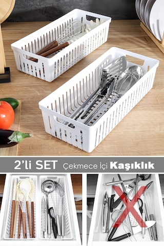 2'li Modüler Kaşıklık Seti - Mutfak Düzenleyici Çekmece İçi Organizer Bıçaklık Kepçelik Beyaz Beyaz