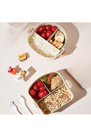 Kızarmış Tavuk Şeklinde Çocuklar İçin Taşınabilir Kapaklı Çatal Kaşık 3 Bölmeli Öğle Yemeği Kutusu Bej