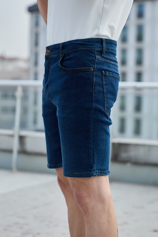İndigo Renk Yıkamalı Erkek Kot Şort-1475 İndigo