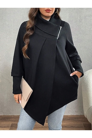 Siyah Kadın Asimetrik Kesim 3 İplik Şardonlu Sweat Ceket Fermuarlı Yaka, Cepli, Oversize Siyah