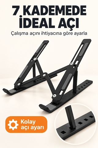 7 Kademeli Ayarlı Katlanabilir Laptop Ve Tablet Standı Siyah Kaymaz Silikon Destekli Masaüstü Tutucu