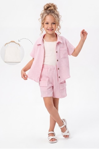 Mnk Baby & Kids Kız Çocuk 3 Parça Pamuklu Müslin Rahat Takım M00837 Pembe
