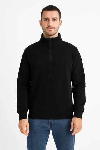 Cvs Giyim Erkek Dik Yaka Sweatshirt Dik Yaka Yarım Fermuarlı 3 İplik Şardonlu Pamuk Kumaş - Siyah Siyah