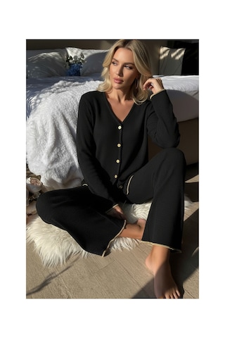 Moda Dua Premium Kadın Fitilli Pijama Takımı Siyah Gold Biye Detaylı, Yumuşak Dokulu Ev Şıklığı
