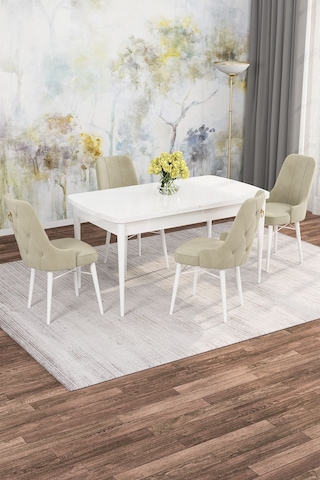 Mona Beyaz 80x132 Açılabilir Mdf Masa Yemek Odası Takımı, Mutfak Takımı 4 Adet Sandalye Beyaz Masa - 4 Krem - Beyaz Ayak