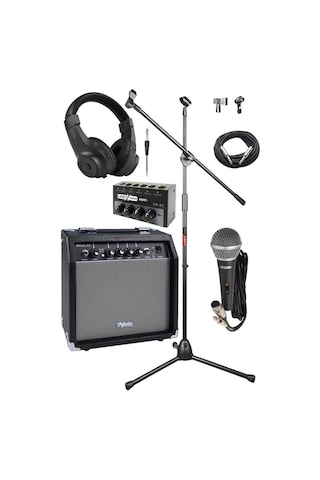 Midex Mga-35bk-fp Elektro Gitar Amfisi Seti 35 Watt Gain Özellikli Mikser Amfi Mikrofon Stand Kulaklık Kablo