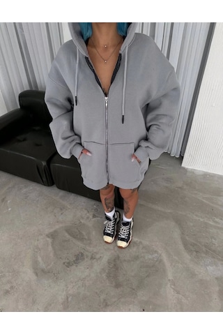 Tua Moda Oversize Tam Fermuarlı Uzun Kol Hırka - Gri Gri