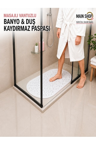 Mainshop Kaydırmaz Duşakabin Banyo Ve Duş Paspası Masajlı Vantuzla Yapışır 37 X 69 Cm M-142 Beyaz