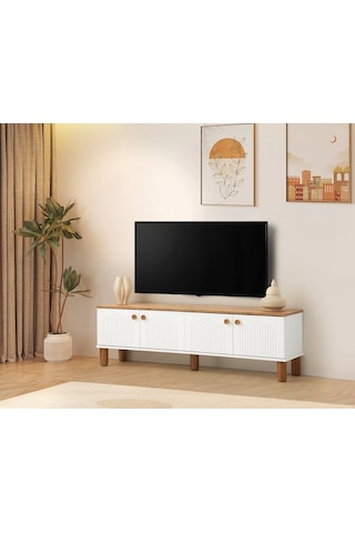 Tv Sehpası 4 Kapaklı Beyaz-meşe 160cm Kurulu Gönderilir Beyaz