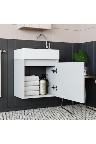 Roomart Ayaksız Tek Kapaklı Lavabolu Mat Beyaz 50 Cm Banyo Dolabı Mat Beyaz