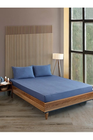 İndigo Mavi Pamuklu Çizgili Saten Lastikli Çarşaf Takımı Tek Kişilik + 1 Yastık Kılıfı Lacivert