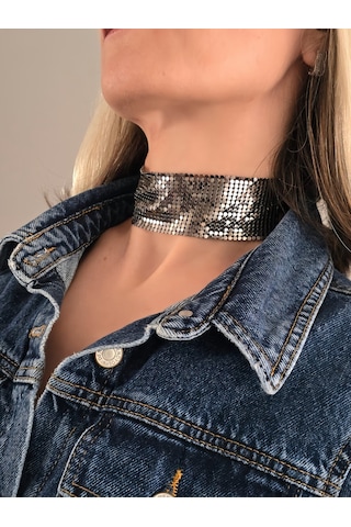 Arpa Pul Payet Zırh Metal Geniş Model Antrasit Choker Kolye Antrasit Çok Renkli