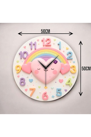 Renkli Baskı Kalp Çocuk Desenli Sayılı Hediyelik Ahşap Sessiz Duvar Saati 50cm ÇOk Renkli
