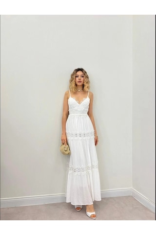 Elora Atelier Sırt Bağlama Dantelli Beyaz Maxi Elbise Çok Renkli