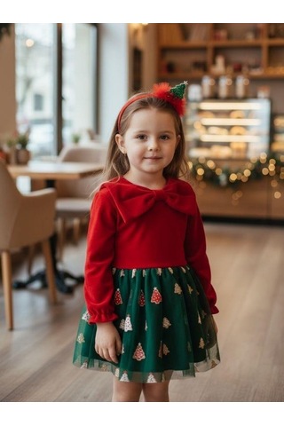 Kız Çocuk Büyük Fiyonklu Yılbaşı Temalı Taçlı Elbise-16403 Kırmızı