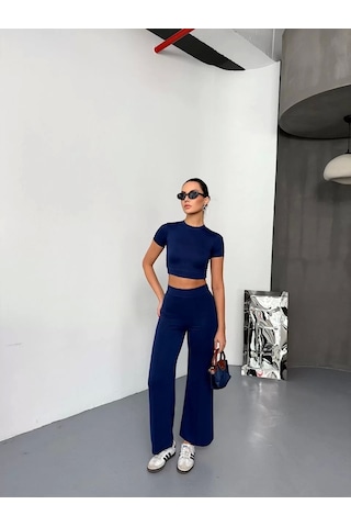 Mzpkartan Osy Modal Yumuşak Dokulu Kumaş Kısa Kollu Crop Alt İspanyol Paça Pantalon İkili Takım - Lacivert Lacivert
