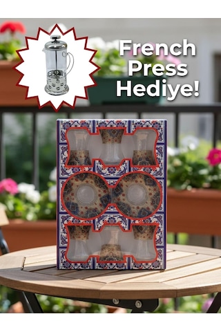 Topkapı 6 Kişilik Çay Seti, French Press Hediyeli, 9 Farklı Osmanlı Desenli Çay Bardağı Takımı 6, Topkapı Kır Diğer