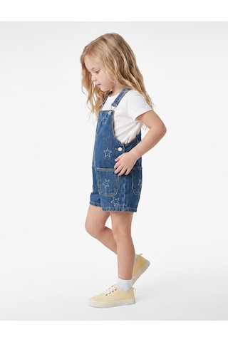 Koton Cepli Yıldız İşlemeli Pamuklu Kare Yaka Askılı Denim Salopet Tulum Orta İndigo 7wmg80003ad
