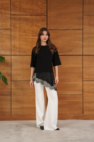 Verymoda Dantel Ve Saten Detaylı Asimetrik Tişört D2942 Siyah
