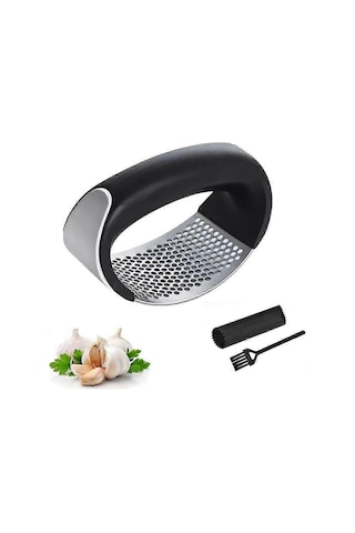 Sarımsak Presi Salıncak Seti, Paslanmaz Çelik Sarımsak Kıyma Makinesi - Mutfak Aletleri Sarımsak Doğrayıcı, Silikon Soyucu Ve Temizleme Fırçası Siyah