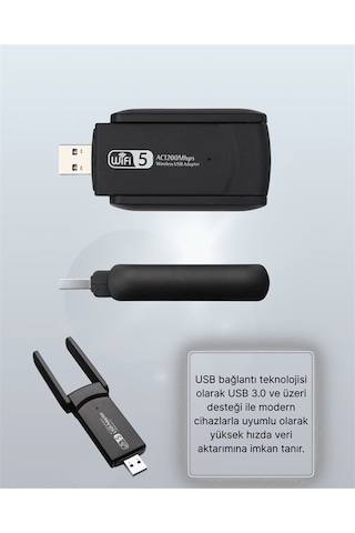 Yüksek Hızlı 1200 Mbps Çift Bant Usb Wifi Adaptör Güçlü Sinyal Geniş Uyumluluk
