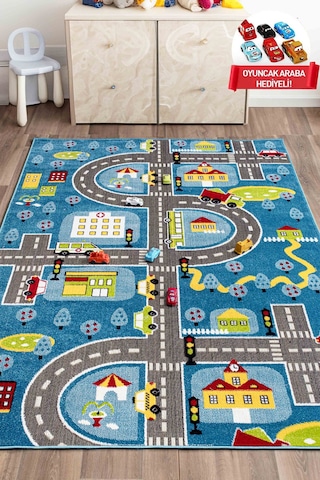 Konfor Halı 3 Boyutlu Mavi Trafik Arabalı Dokuma Çocuk Oyun Halısı Mavi