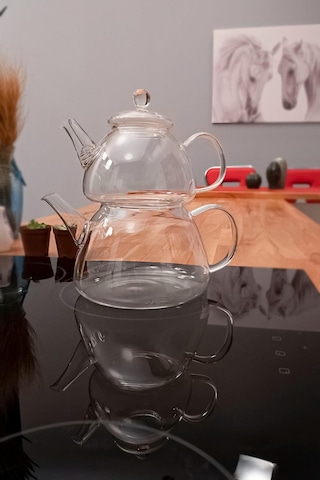 Borosilikat Cam Çaydanlık Seti - Demlik Isıya Dayanıklı, Süzgeçli Model Şeffaf