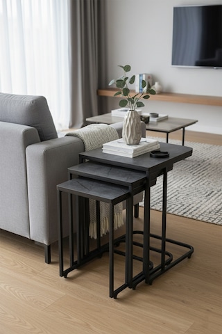 Nemeron Tekerlekli Zigon Sehpa 3lü Yan Sehpa Servis Sehpası Üçlü Çay Sehpası Metal Koltuk Sehpası - Füme Füme